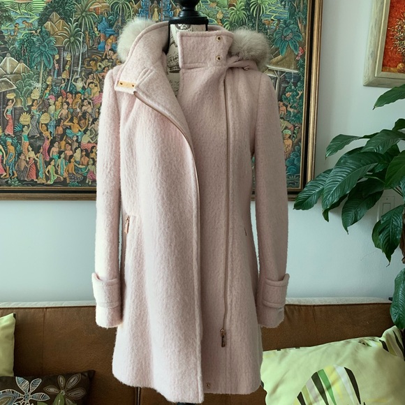 Calvin Klein Faux-Fur-Trim Asymmetrical Wool Coat – Blush Pink, Size S - Picture 7 of 8